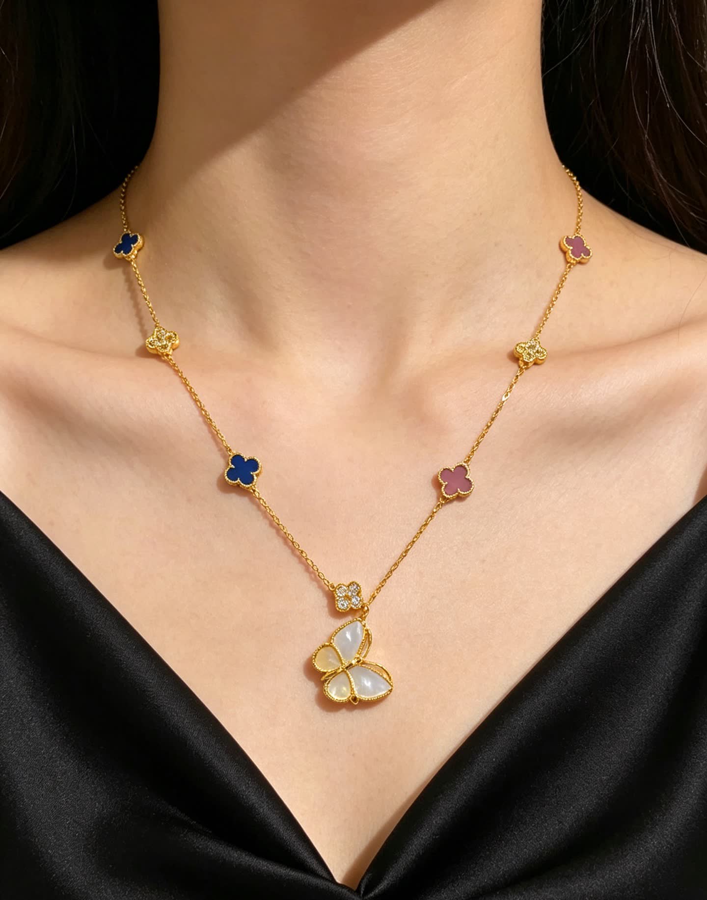 Van Cleef & Arpels Vintage Alhambra Gold Necklace with Butterfly Pendant